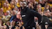 Jan 11, 2018; Tempe, AZ, USA; Houston Rockets guard James Harden and Arizona State Sun Devils former player attends a Sun Devils game against the Oregon Ducks during the first half at Wells-Fargo Arena. Mandatory Credit: Joe Camporeale-Imagn Images