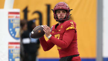 Dec 29, 2023; Memphis, TN, USA; Iowa State Cyclones quarterback Rocco Becht (3) passes the ball during warm ups prior to the game against the Memphis Tigers at Simmons Bank Liberty Stadium. Mandatory Credit: Petre Thomas-USA TODAY Sports