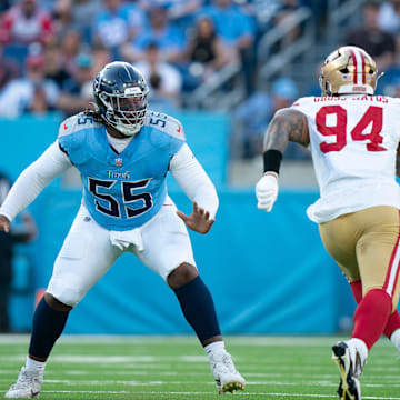 Tennessee Titans offensive tackle JC Latham (55) takes on San Francisco 49ers defensive end Yetur Gross-Matos (94) to give quarterback Will Levis (8) time to throw during their first preseason game of the 2024-25 season at Nissan Stadium Saturday, Aug. 10, 2024.