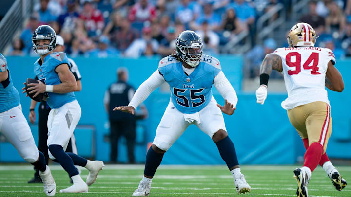 Tennessee Titans offensive tackle JC Latham (55) takes on San Francisco 49ers defensive end Yetur Gross-Matos (94) to give quarterback Will Levis (8) time to throw during their first preseason game of the 2024-25 season at Nissan Stadium Saturday, Aug. 10, 2024.