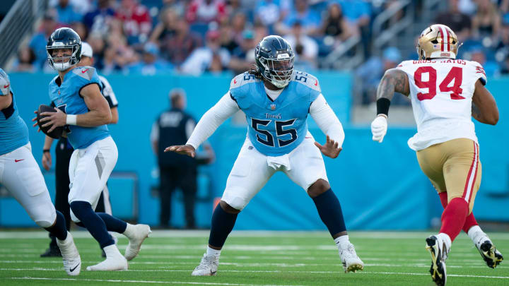 Tennessee Titans offensive tackle JC Latham (55) takes on San Francisco 49ers defensive end Yetur Gross-Matos (94) to give quarterback Will Levis (8) time to throw during their first preseason game of the 2024-25 season at Nissan Stadium Saturday.