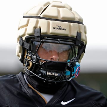 Purdue Boilermakers wide receiver CJ Smith (9) lines up to run a drill 