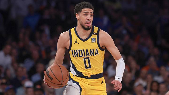 May 14, 2024; New York, New York, USA; Indiana Pacers guard Tyrese Haliburton (0) dribbles up court
