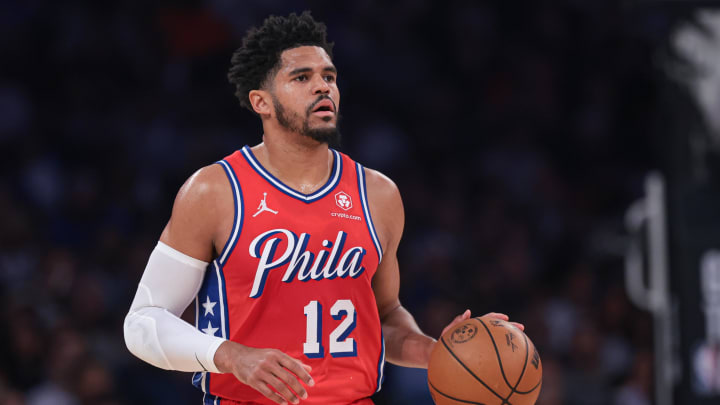 Apr 22, 2024; New York, New York, USA;  Philadelphia 76ers forward Tobias Harris (12) dribbles up court during the first half during game two of the first round for the 2024 NBA playoffs against the New York Knicks at Madison Square Garden. Mandatory Credit: Vincent Carchietta-USA TODAY Sports