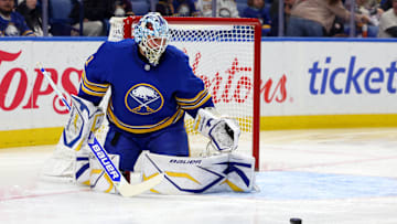 Nov 9, 2024; Buffalo, New York, USA;  Buffalo Sabres goaltender Ukko-Pekka Luukkonen (1) looks to make a save during the first period against the Calgary Flames at KeyBank Center. Mandatory Credit: Timothy T. Ludwig-Imagn Images