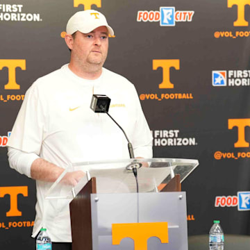 Tennessee head coach Josh Heupel speaks after the Orange & White spring game, Saturday, April 12, 2025.
