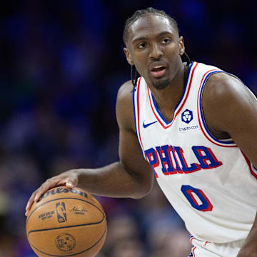 Feb 22, 2025; Philadelphia, Pennsylvania, USA; Philadelphia 76ers guard Tyrese Maxey (0) dribbles the ball against the Brooklyn Nets during the third quarter at Wells Fargo Center. Mandatory Credit: Bill Streicher-Imagn Images