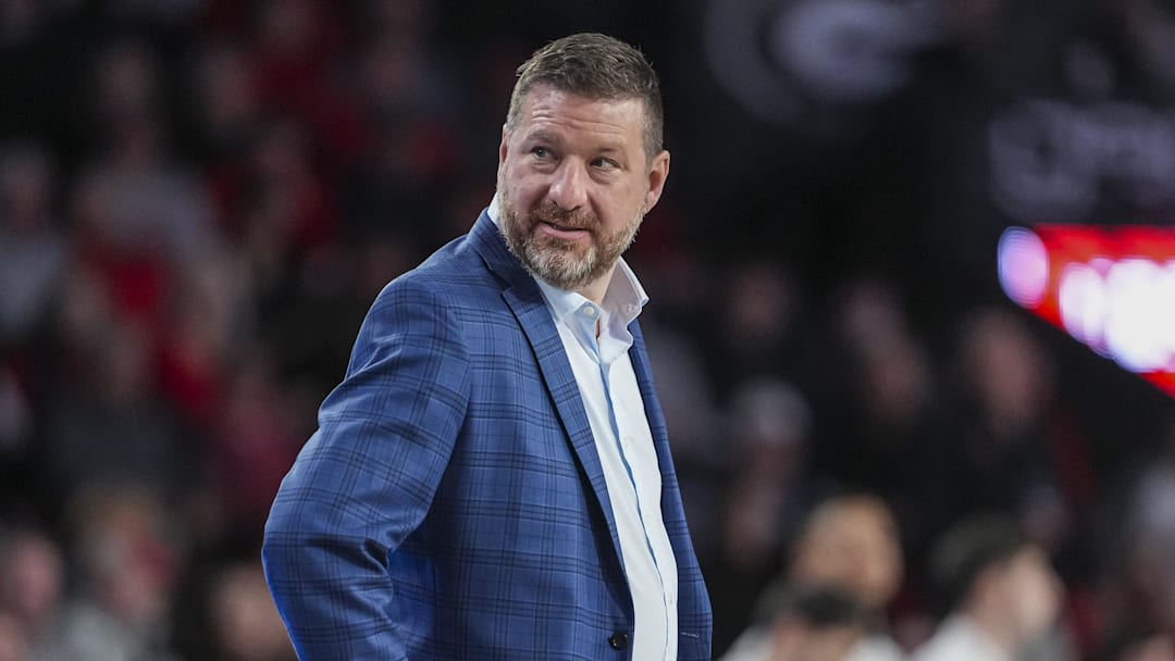 Mississippi Rebels head coach Chris Beard reacts on the bench during the game against the Georgia Bulldogs at Stegeman Coliseum. 