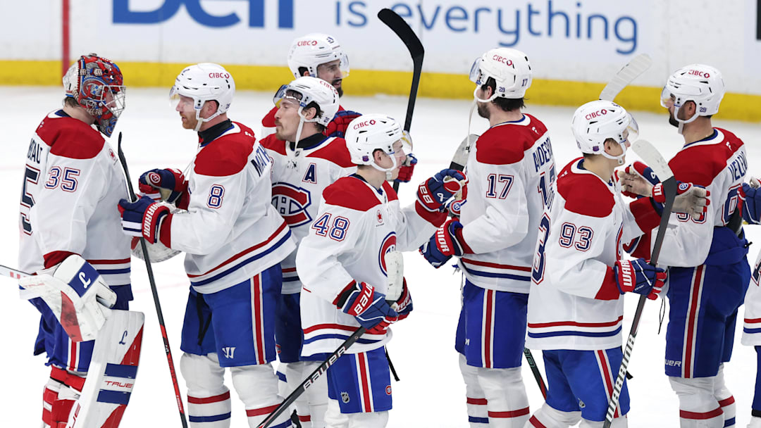 Feb 4, 2026; The Canadiens celebrate their last victory before the Olympic break against Winnipeg at Canada Life Centre