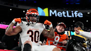 Oct 13, 2024; East Rutherford, New Jersey, USA;  Cincinnati Bengals running back Chase Brown (30) after scoring a touchdown against the New York Giants inside of two minutes left in the game at MetLife Stadium. Mandatory Credit: Robert Deutsch-Imagn Images