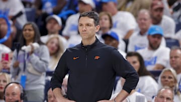 Jun 5, 2025; Oklahoma City, Oklahoma, USA; Oklahoma City Thunder head coach Mark Daigneault looks on during the third quarter during game one of the 2025 NBA Finals at Paycom Center. Mandatory Credit: Alonzo Adams-Imagn Images