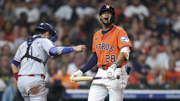 Jul 11, 2025; Houston, Texas, USA; Houston Astros second baseman Brice Matthews (28) reacts after striking out during the sixth inning against the Texas Rangers at Daikin Park. Mandatory Credit: Troy Taormina-Imagn Images