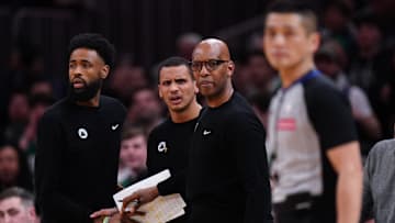 Dec 19, 2024; Boston, Massachusetts, USA; Boston Celtics head coach Joe Mazzulla reacts after called for a technical foul as they take on the Chicago Bulls in the second half at TD Garden. Mandatory Credit: David Butler II-Imagn Images