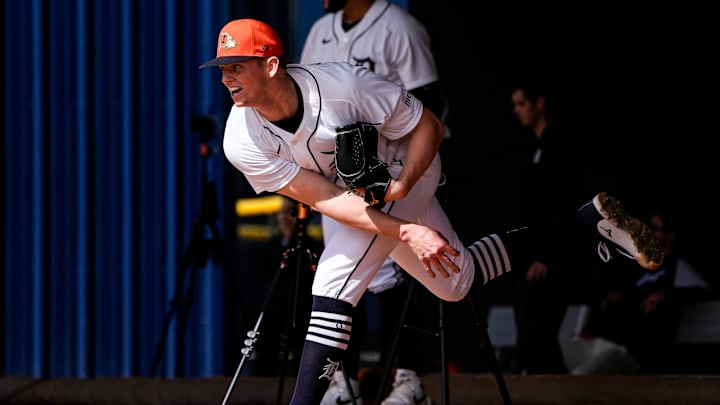 Detroit Tigers pitcher Troy Melton practices during spring training at TigerTown in Lakeland, Fla. on Tuesday, Feb. 17, 2026.