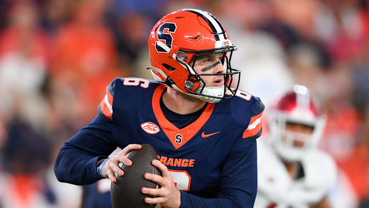Sep 20, 2024; Syracuse, New York, USA; Syracuse Orange quarterback Kyle McCord (6) looks to pass against the Stanford Cardinal during the first half at the JMA Wireless Dome. Mandatory Credit: Rich Barnes-Imagn Images