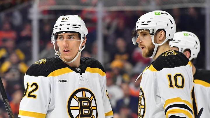 Apr 9, 2023; Philadelphia, Pennsylvania, USA; Boston Bruins left wing Tomas Nosek (92) and left wing A.J. Greer (10) against the Philadelphia Flyers at Wells Fargo Center. Mandatory Credit: Eric Hartline-USA TODAY Sports