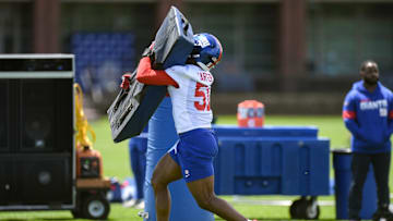 May 10, 2025; East Rutherford, NJ, USA; New York Giants linebacker Abdul Carter (51) participates in a drill during rookie minicamp at Quest Diagnostics Training Center. Mandatory Credit: John Jones-Imagn Images