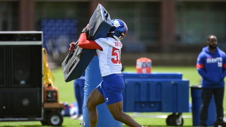 May 10, 2025; East Rutherford, NJ, USA; New York Giants linebacker Abdul Carter (51) participates in a drill during rookie minicamp at Quest Diagnostics Training Center. Mandatory Credit: John Jones-Imagn Images