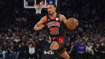 Feb 20, 2025; New York, New York, USA; Chicago Bulls point guard Tre Jones (30) dribbles the ball