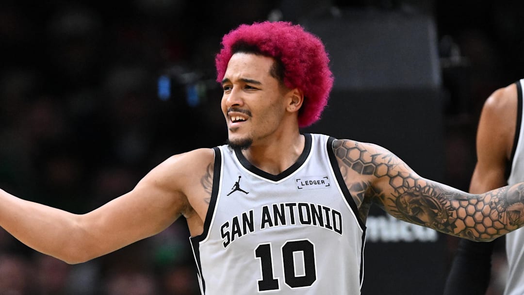 Jan 10, 2026; Boston, Massachusetts, USA; San Antonio Spurs forward Jeremy Sochan (10) reacts after being called for a foul during the first half of a game against the Boston Celtics at the TD Garden. Mandatory Credit: Brian Fluharty-Imagn Images