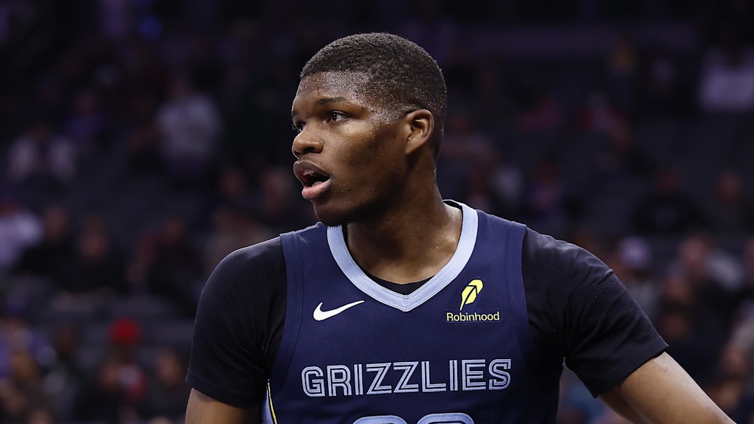 Nov 30, 2025; Sacramento, California, USA; Memphis Grizzlies guard Cedric Coward (23) after a play agains the Sacramento Kings during the second quarter at Golden 1 Center. Mandatory Credit: Kelley L Cox-Imagn Images