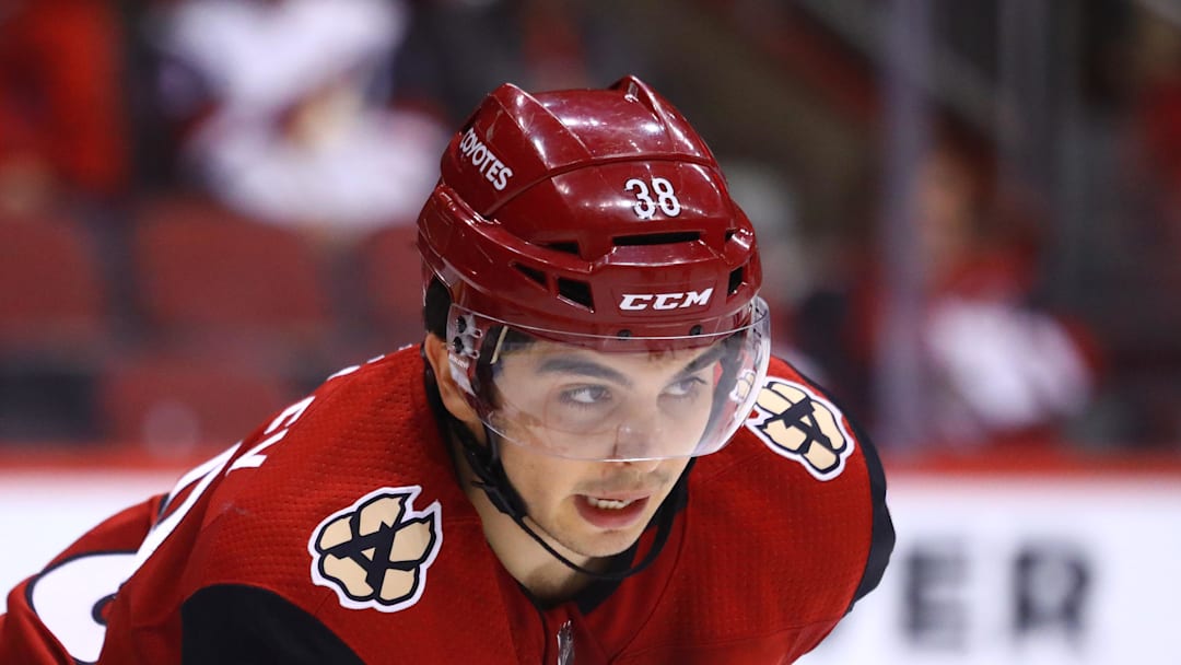 Dec 19, 2017; Glendale, AZ, USA; Arizona Coyotes right wing Nick Merkley against the Florida Panthers at Gila River Arena. Mandatory Credit: Mark J. Rebilas-Imagn Images