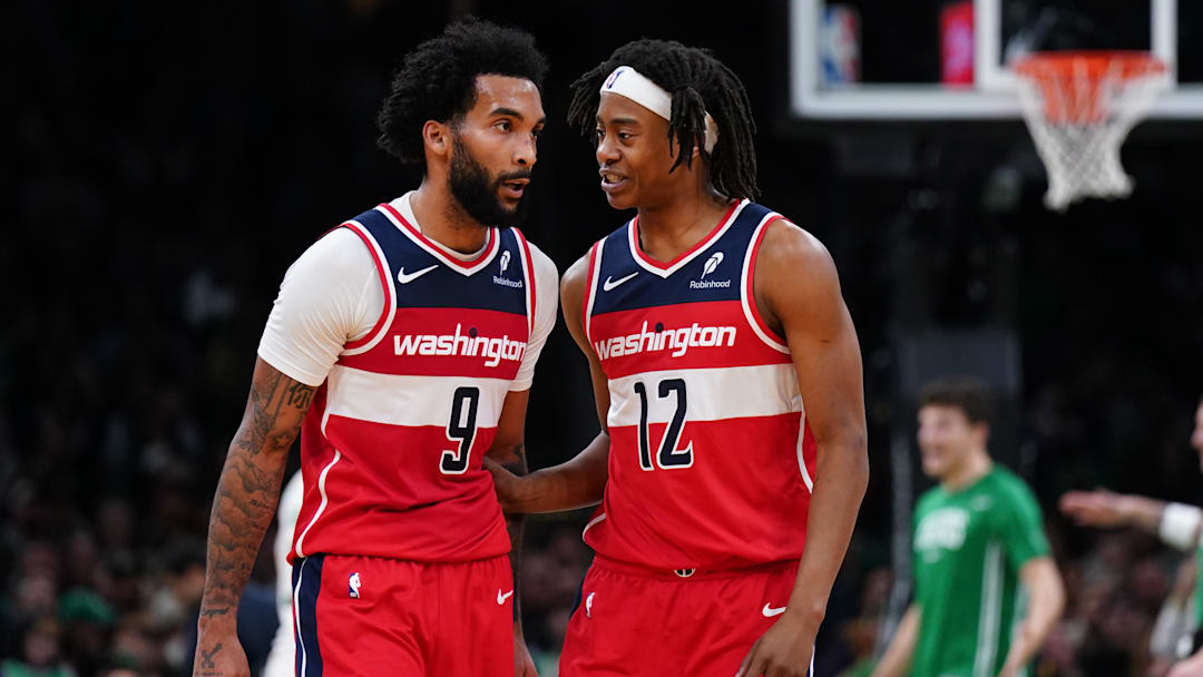 Nov 5, 2025; Boston, Massachusetts, USA; Washington Wizards guard Tre Johnson (12) talks with guard/forward Justin Champagnie (9) as they take on the Boston Celtics in the second half at TD Garden. Mandatory Credit: David Butler II-Imagn Images Nov 5, 2025; Boston, Massachusetts, USA; Washington Wizards guard Tre Johnson (12) talks with guard/forward Justin Champagnie (9) as they take on the Boston Celtics in the second half at TD Garden. Mandatory Credit: David Butler II-Imagn Images