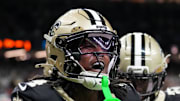 Oct 5, 2025; New Orleans, Louisiana, USA; New Orleans Saints cornerback Kool-Aid McKinstry (4) celebrates after an interception against the New York Giants during the fourth quarter at Caesars Superdome. 