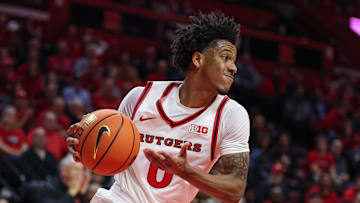 Nov 5, 2025; Piscataway, New Jersey, USA; Rutgers Scarlet Knights guard Tariq Francis (0) dribbles during the first half against the Rider Broncs at Jersey Mike's Arena. Mandatory Credit: Vincent Carchietta-Imagn Images