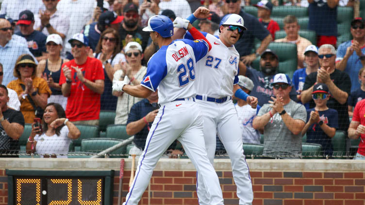 Jun 17, 2023; Atlanta, Georgia, USA; Atlanta Braves first baseman Matt Olson (28) celebrates with