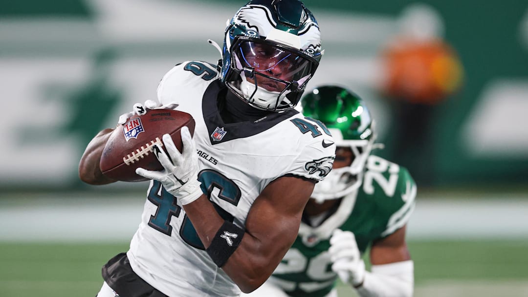 Aug 22, 2025; East Rutherford, New Jersey, USA; Philadelphia Eagles wide receiver Terrace Marshall Jr. (46) gains yards after catch  during the first half against the New York Jets at MetLife Stadium.