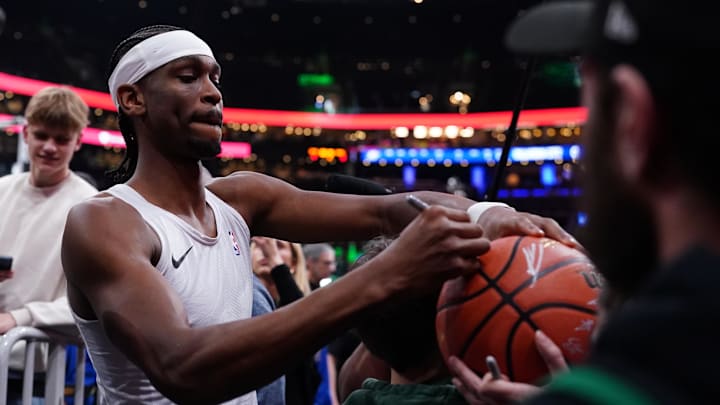 Oklahoma City Thunder guard Shai Gilgeous-Alexander before the start of the game against the Boston Celtics at TD Garden. Oklahoma City Thunder guard Shai Gilgeous-Alexander before the start of the game against the Boston Celtics at TD Garden.