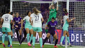 Sep 13, 2024; Orlando, Florida, USA;  Orlando Pride goalkeeper Anna Moorhouse (1) blocks a shot during the second half by the Kansas City Current at Inter&Co Stadium. Mandatory Credit: Mike Watters-Imagn Images
