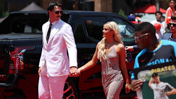 Pittsburgh Pirates pitcher Paul Skenes walks the red carpet with LSU gymnast and girlfriend Livvy Dunne before the 2024 MLB All-Star game at Globe Life Field. 