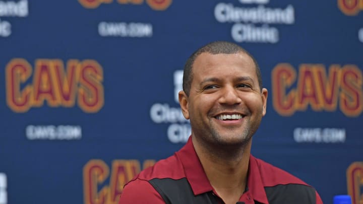 Jun 21, 2019; Independence, OH, USA; Cleveland Cavaliers general manager Koby Altman answers questions during a press conference at Cleveland Clinic Courts. Mandatory Credit: David Dermer-USA TODAY Sports