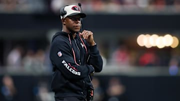 Sep 29, 2024; Atlanta, Georgia, USA; Atlanta Falcons head coach Raheem Morris on the sideline against the New Orleans Saints in the fourth quarter at Mercedes-Benz Stadium.