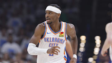 May 13, 2025; Oklahoma City, Oklahoma, USA; Oklahoma City Thunder guard Shai Gilgeous-Alexander (2) runs down the court for a play against the Denver Nuggets during the first quarter of game five of the second round for the 2025 NBA Playoffs at Paycom Center. Mandatory Credit: Alonzo Adams-Imagn Images