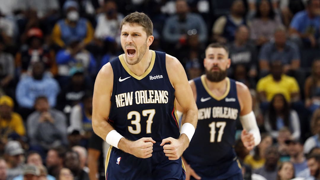 Oct 25, 2023; Memphis, Tennessee, USA; New Orleans Pelicans forward Matt Ryan (37) reacts after a basket during the first half against the Memphis Grizzlies at FedExForum. Mandatory Credit: Petre Thomas-Imagn Images