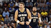 Oct 25, 2023; Memphis, Tennessee, USA; New Orleans Pelicans forward Matt Ryan (37) reacts after a basket during the first half against the Memphis Grizzlies at FedExForum. Mandatory Credit: Petre Thomas-Imagn Images
