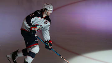 Jan 7, 2025; Pittsburgh, Pennsylvania, USA;  Columbus Blue Jackets defenseman Jake Christiansen (2) takes the ice to warm up before the game against the Pittsburgh Penguins at PPG Paints Arena. Mandatory Credit: Charles LeClaire-Imagn Images