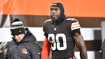 Dec 17, 2022; Cleveland, Ohio, USA; Cleveland Browns defensive end Jadeveon Clowney (90) leaves the field with an injury during the first half against the Baltimore Ravens at FirstEnergy Stadium. Mandatory Credit: Ken Blaze-Imagn Images
