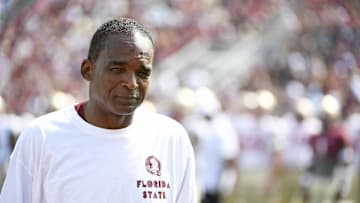 Apr 15, 2023; Tallahassee, FL, USA; Florida State Seminoles co-defensive coordinator and linebackers coach Randy Shannon looks on during the spring game at Doak Campbell Stadium. Mandatory Credit: Melina Myers-Imagn Images