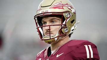 Oct 5, 2024; Tallahassee, Florida, USA; Florida State Seminoles quarterback Brock Glenn (11) looks on before the game against the Clemson Tigers at Doak S. Campbell Stadium. Mandatory Credit: Melina Myers-Imagn Images