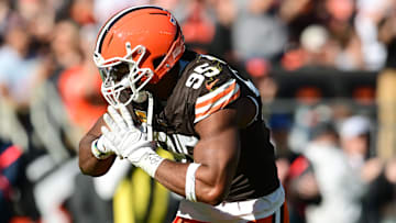 Nov 3, 2024; Cleveland, Ohio, USA; Cleveland Browns defensive end Myles Garrett (95) celebrates after a sack during the first quarter against the Los Angeles Chargers at Huntington Bank Field.