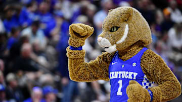 Mar 23, 2019; Jacksonville, FL, USA; The Kentucky Wildcats mascot gestures during the first half of their game against the Wofford Terriers in the second round of the 2019 NCAA Tournament at Jacksonville Veterans Memorial Arena. Mandatory Credit: John David Mercer-Imagn Images