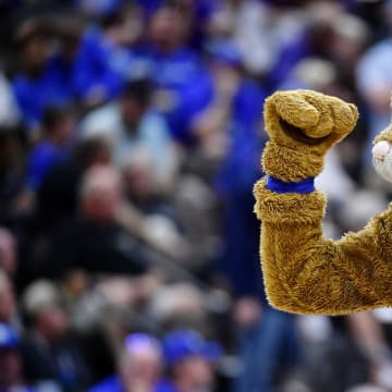 Mar 23, 2019; Jacksonville, FL, USA; The Kentucky Wildcats mascot gestures during the first half of their game against the Wofford Terriers in the second round of the 2019 NCAA Tournament at Jacksonville Veterans Memorial Arena. Mandatory Credit: John David Mercer-USA TODAY Sports