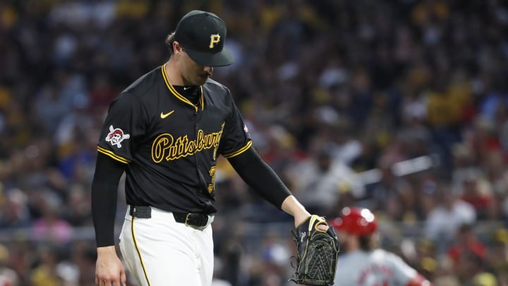 Pittsburgh Pirates starting pitcher Paul Skenes (30) reacts after surrendering a game winning RBI single to St. Louis Cardinals designated hitter Alec Burleson (41) during the ninth inning at PNC Park. St. Louis won 2-1.