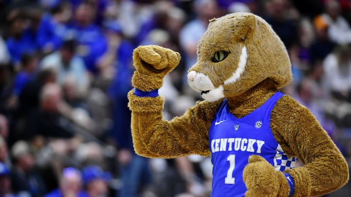 Mar 23, 2019; Jacksonville, FL, USA; The Kentucky Wildcats mascot gestures during the first half of their game against the Wofford Terriers in the second round of the 2019 NCAA Tournament at Jacksonville Veterans Memorial Arena. Mandatory Credit: John David Mercer-USA TODAY Sports