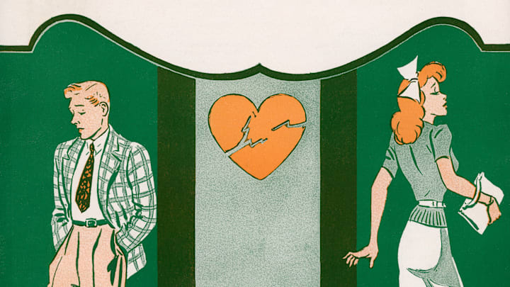 A sketch of a couple walking away from each other with a broken heart between them