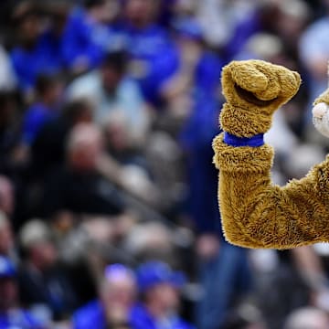 Mar 23, 2019; Jacksonville, FL, USA; The Kentucky Wildcats mascot gestures during the first half of their game against the Wofford Terriers in the second round of the 2019 NCAA Tournament at Jacksonville Veterans Memorial Arena. Mandatory Credit: John David Mercer-Imagn Images